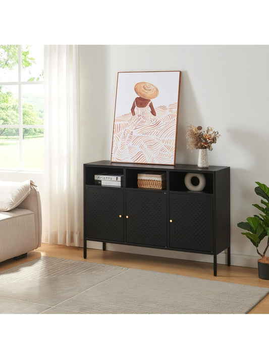 Mueble de TV con 3 Puertas Decorativas y 3 Espacios Abiertos para Salon, Comedor u Oficina