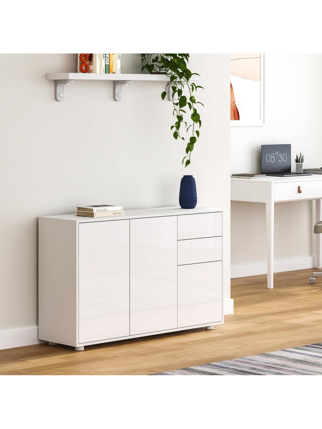 Comoda Baja con 2 Cajones y 3 Puertas para Almacenamiento Multiusos en Oficina o Salon