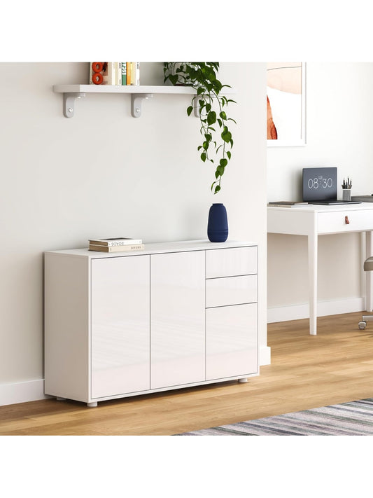Comoda Baja con 2 Cajones y 3 Puertas para Almacenamiento Multiusos en Oficina o Salon