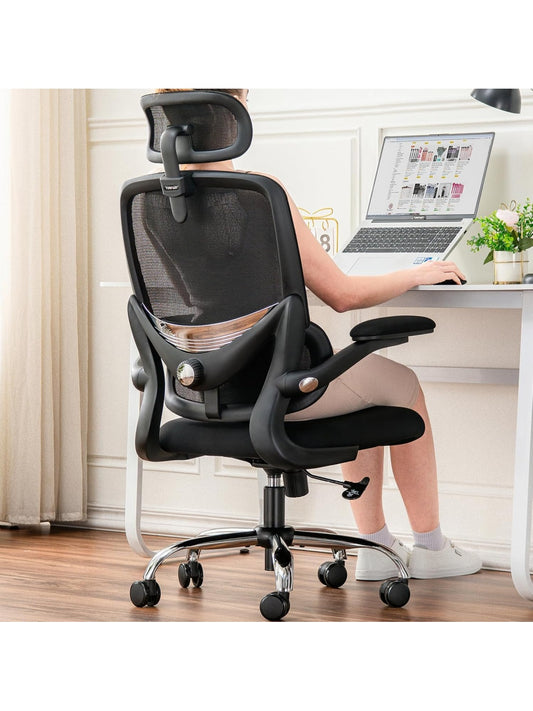 Silla Giratoria Ergonomica con Respaldo Alto de Malla Soporte Lumbar y Reposabrazos Plegables
