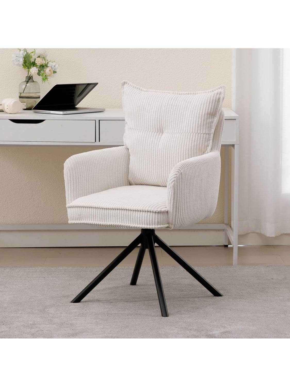 Silla Compacta de Oficina con Movimiento Giratorio y Acabado de Pana Blanca