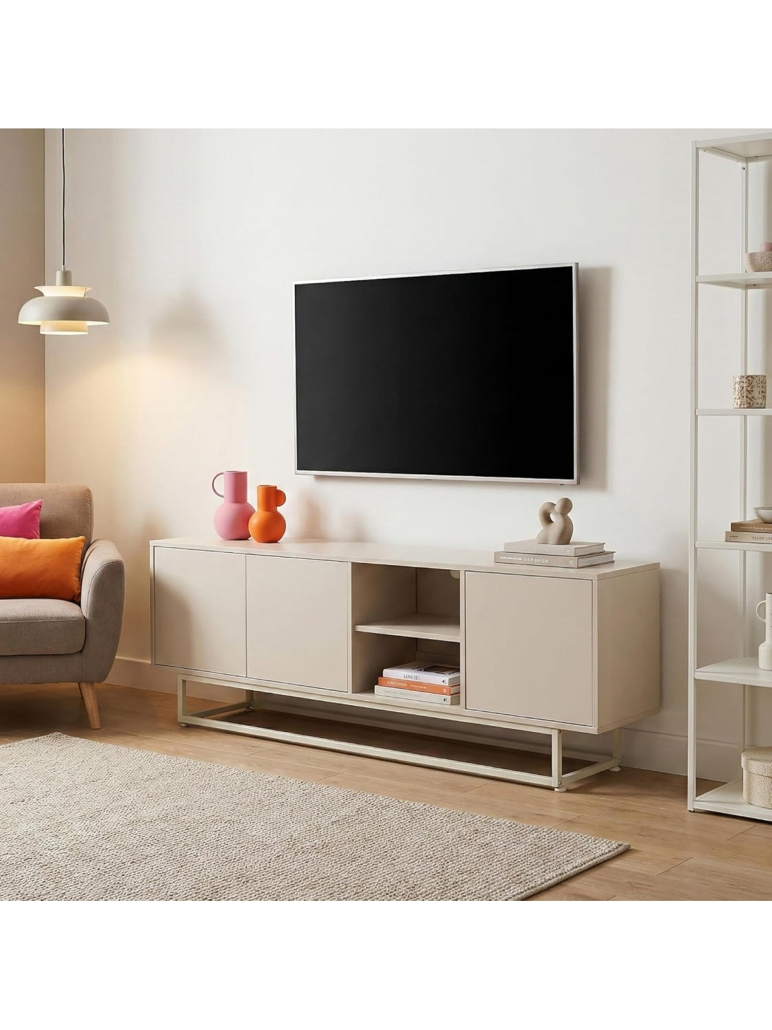 Mueble Auxiliar Multifuncion con Puertas, Compartimentos Abiertos y Uso como Mueble TV