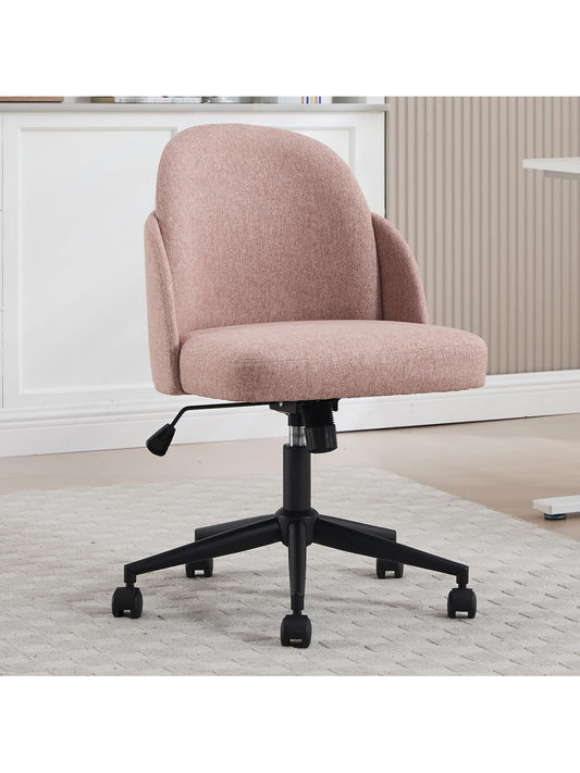 Silla Giratoria de Oficina con Tapizado de Lino Altura Ajustable y Ruedas Rosa