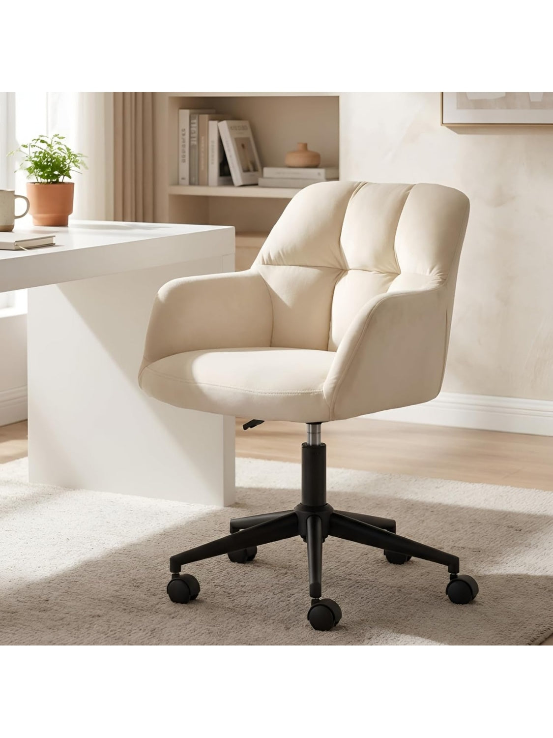 Silla de Estudio de Terciopelo con Respaldo Medio Altura Ajustable y Ruedas Beige