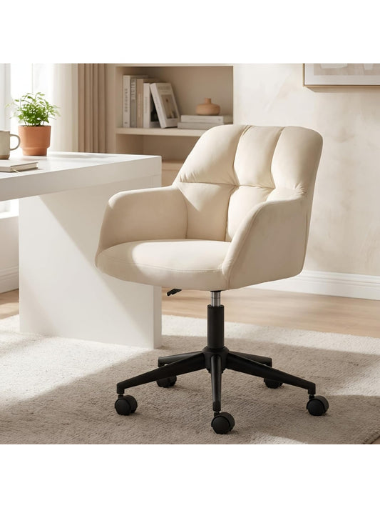 Silla de Estudio de Terciopelo con Respaldo Medio Altura Ajustable y Ruedas Beige